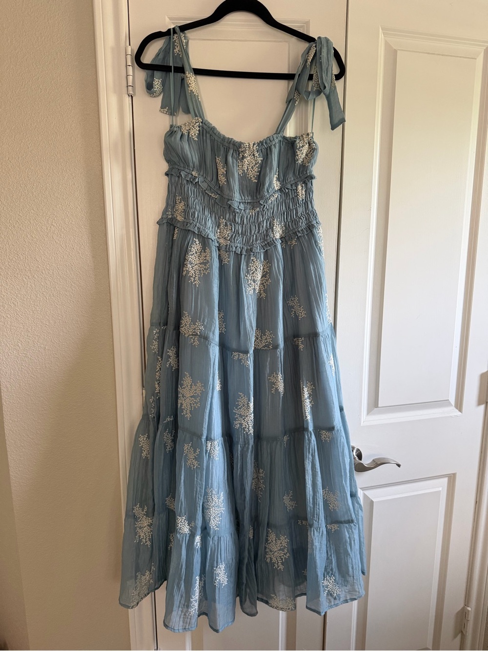 eesome Light Blue Maxi Dress with White Floral Embroidery
